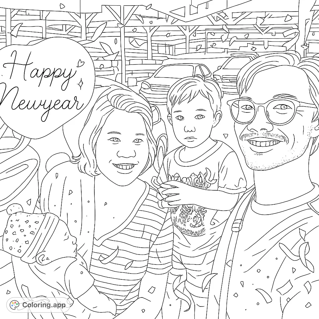 Celebrate New Year with this heartwarming family portrait coloring page! Features a smiling family, confetti, and a 'Happy Newyear' balloon.