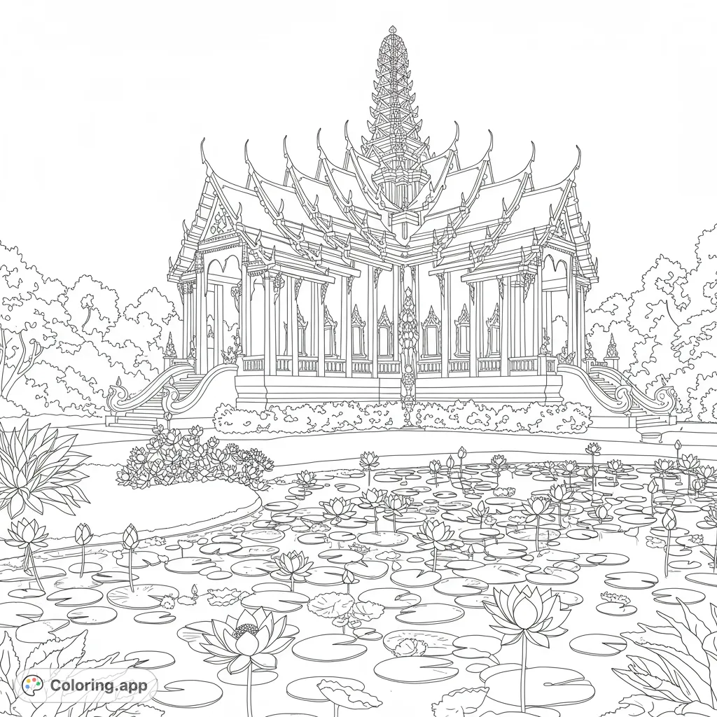 Immerse yourself in the intricate beauty of a Thai Temple adorned with elegant lotus flowers. A detailed free printable coloring page.