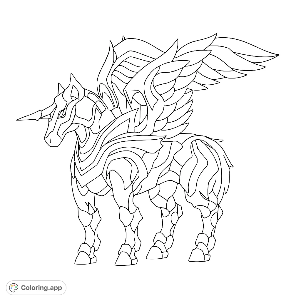 A majestic winged unicorn coloring page featuring intricate geometric patterns, perfect for fantasy lovers and creative minds seeking a free printable coloring page.
