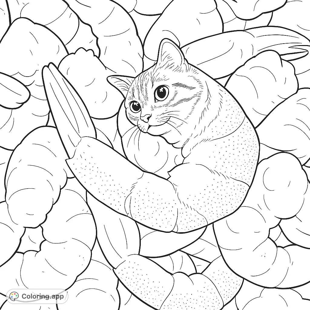 An adorable cat nestled in a pile of shrimp. A fun, free printable cat coloring page for kids and adults, perfect for animal and food lovers!