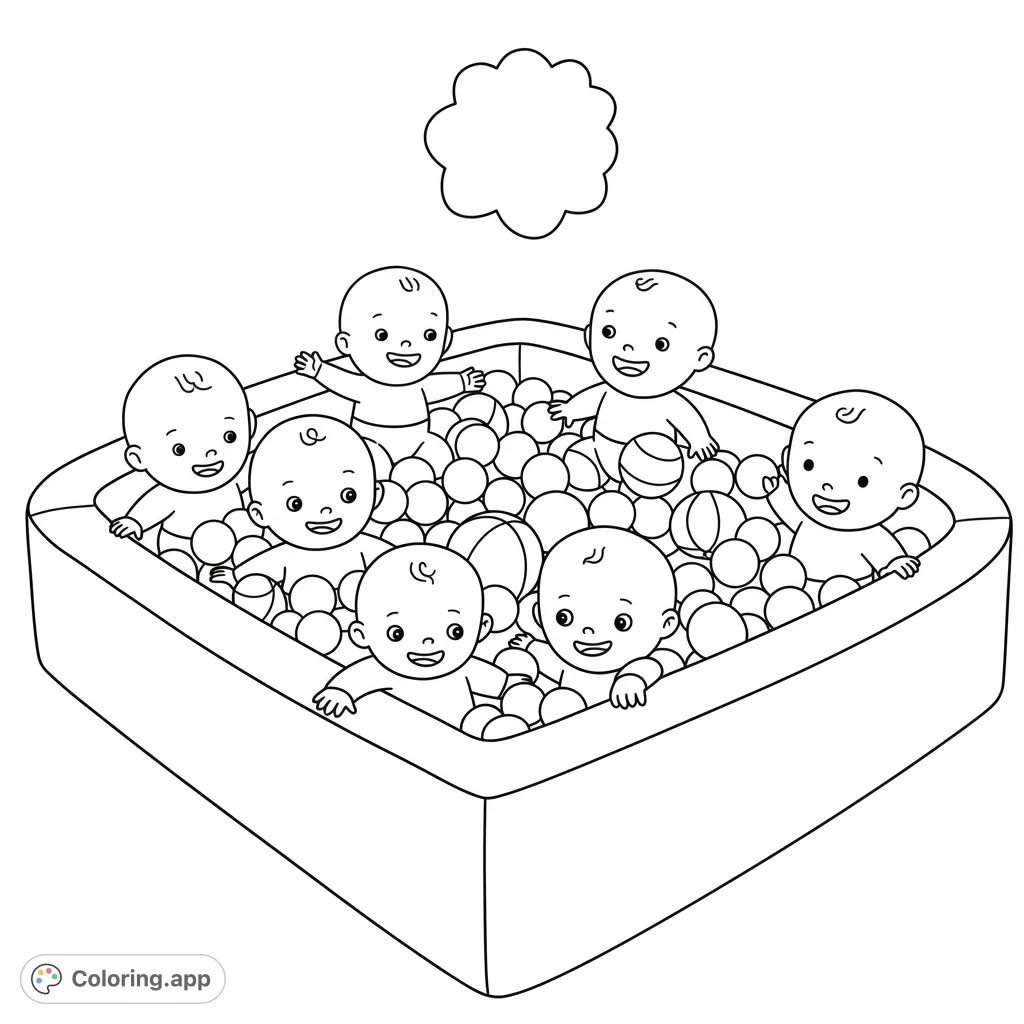 A delightful babies ball pit coloring page featuring seven joyful infants playing amidst countless balls. A free printable coloring page for kids.