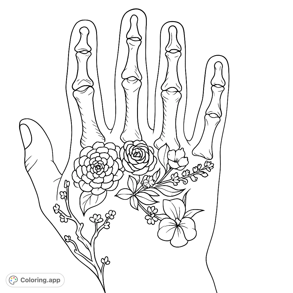 Unique anatomical floral coloring page featuring a detailed hand with visible bones and a beautiful bouquet of flowers on the palm. Free printable for all ages.