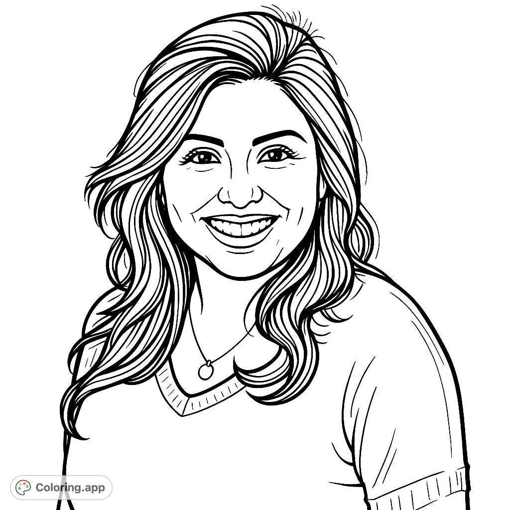 A beautiful smiling woman portrait coloring page, perfect for all ages. Features detailed wavy hair and a friendly expression.