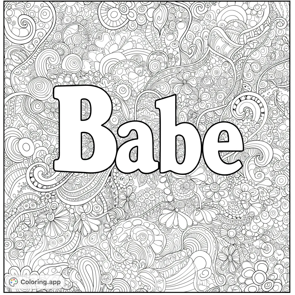 A free printable 'Babe' word art coloring page featuring bold letters against an intricate, detailed background of abstract floral and swirl patterns.