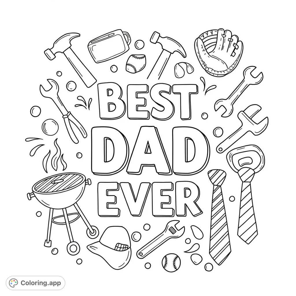 Celebrate Dad with this free printable Father's Day coloring page featuring 'BEST DAD EVER' text surrounded by tools, sports gear, and BBQ items.