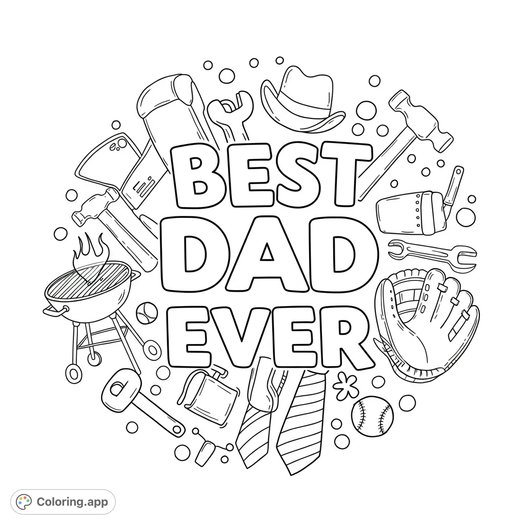 A 'Best Dad Ever' Fathers Day coloring page featuring tools, sports gear, and BBQ items in a circular design, perfect for a free printable coloring page.