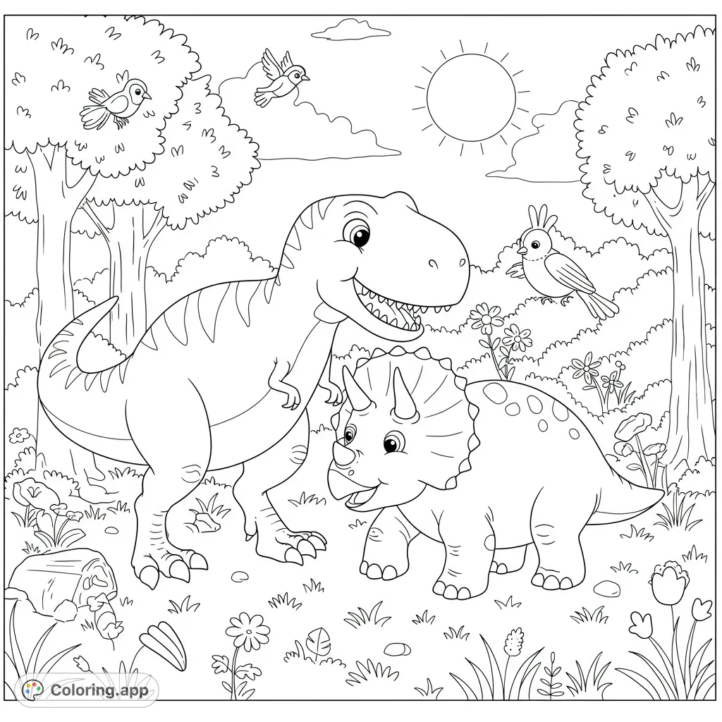 A delightful dinosaur coloring page featuring a friendly T-Rex and Triceratops in a vibrant forest, perfect for kids and free printable fun.