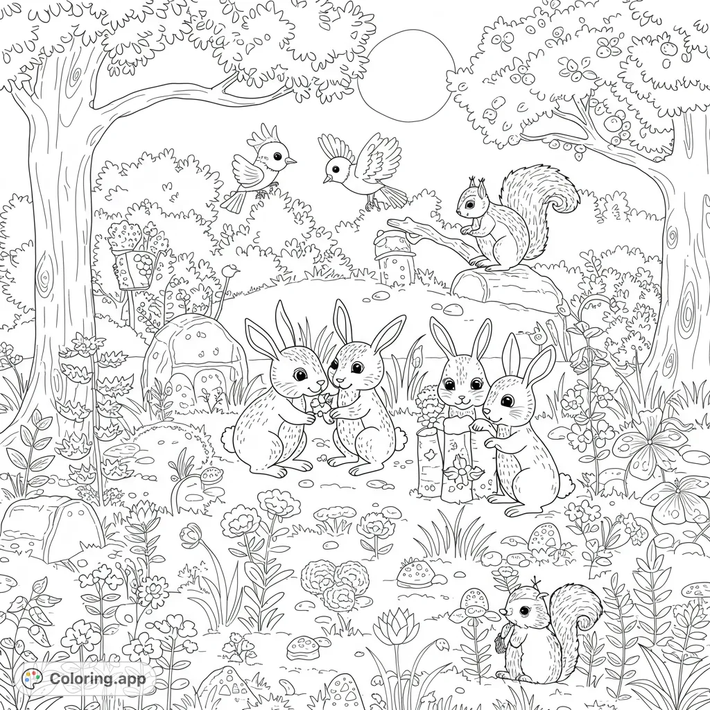 A charming woodland scene featuring adorable rabbits, squirrels, and birds amidst lush foliage and flowers, perfect for a delightful coloring experience.