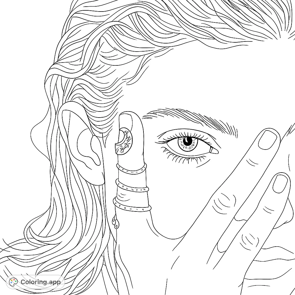 Intriguing portrait of a person's face, partially hidden by a hand adorned with detailed rings. A captivating eye and flowing hair invite creative coloring.