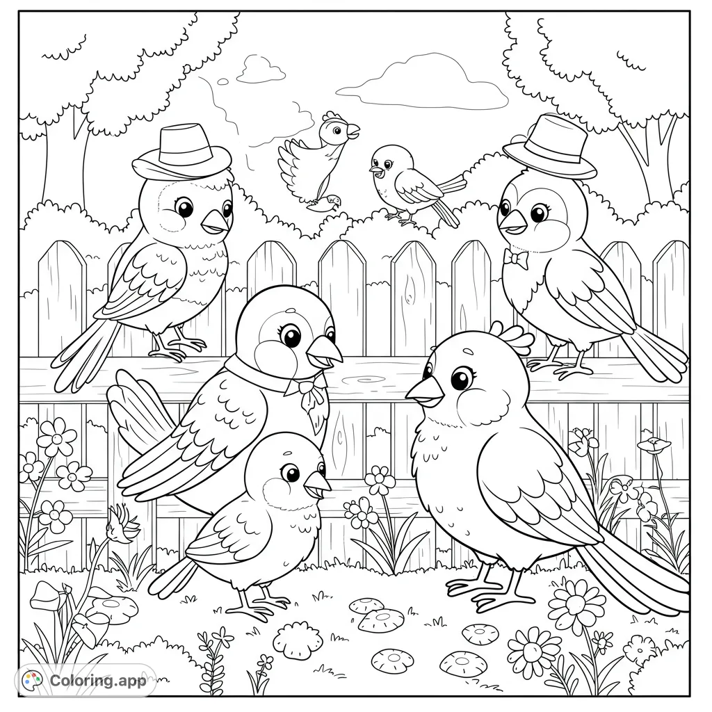 A delightful garden scene with charming cartoon birds, some wearing hats and bow ties, gathered among flowers and a fence. Perfect for a free printable bird coloring page.