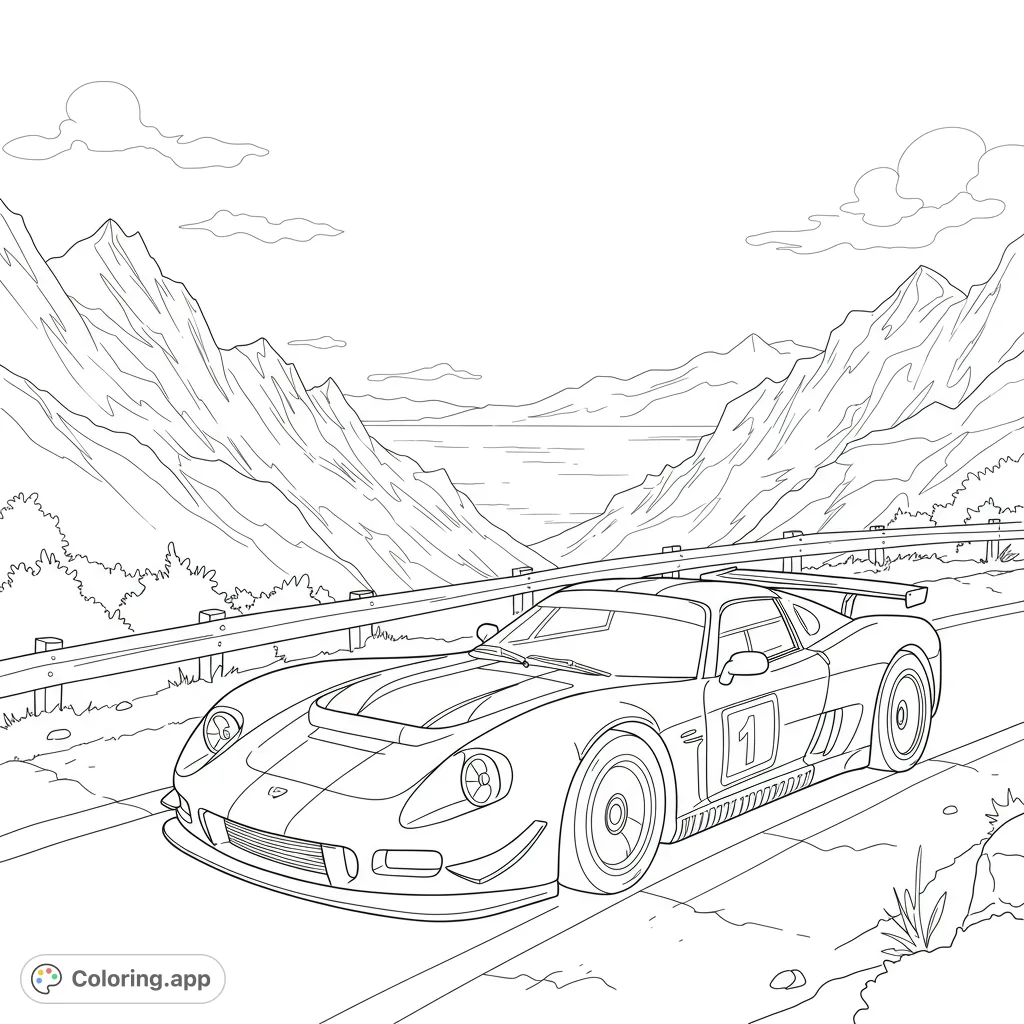 Dynamic race car on a winding mountain road overlooking a vast lake, perfect for speed enthusiasts. A free printable sports car coloring page.