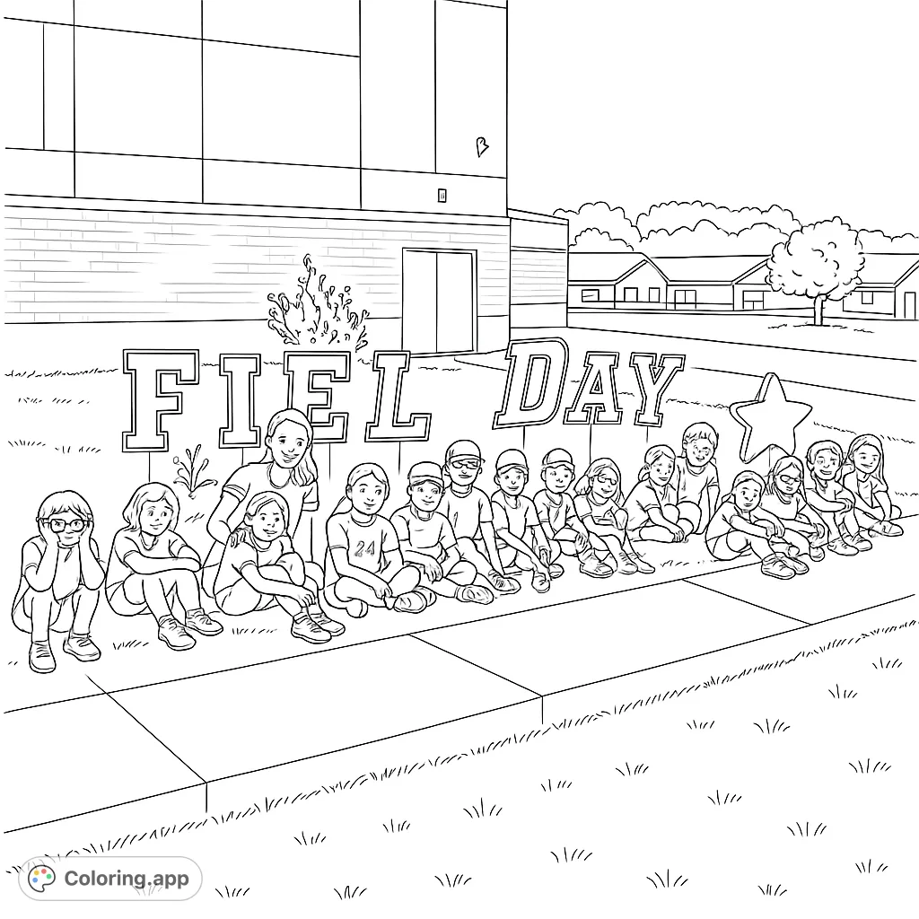 A joyful Field Day coloring page featuring a group of children and an adult sitting in front of large "FIELD DAY" letters, perfect for school events.