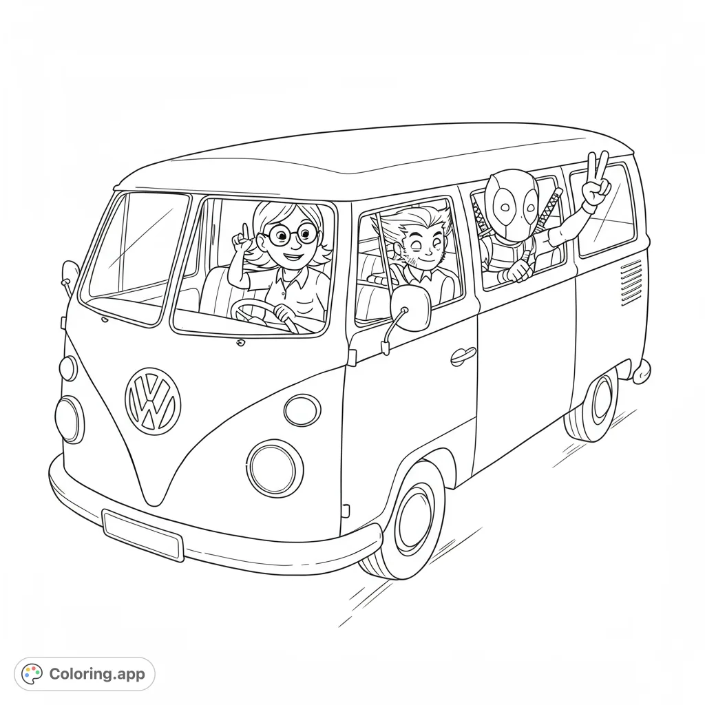 Join a fun road trip with a diverse crew in a classic van. Perfect for a free printable coloring page, featuring a unique superhero theme.