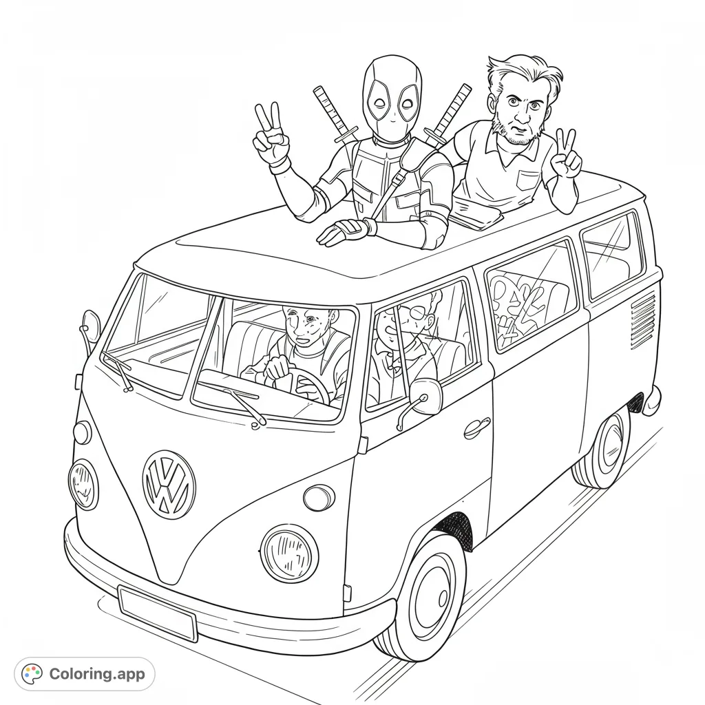 Join Deadpool and friends on a hilarious road trip in a classic van! A fun, free printable superhero adventure coloring page for all ages.