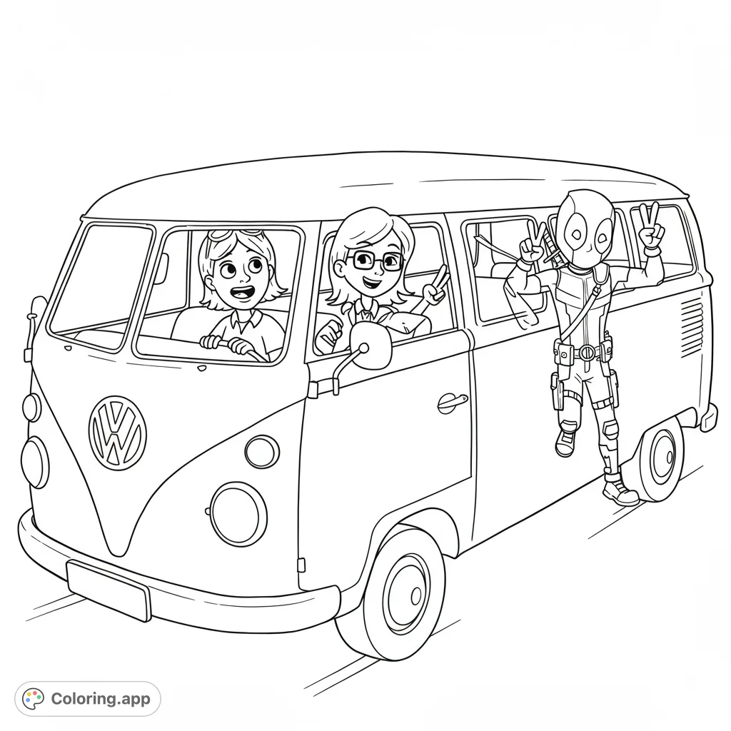 Join a fun road trip! A vintage van carries a driver, passenger, and a unique superhero friend, ready for adventure. Perfect for a free printable coloring page.