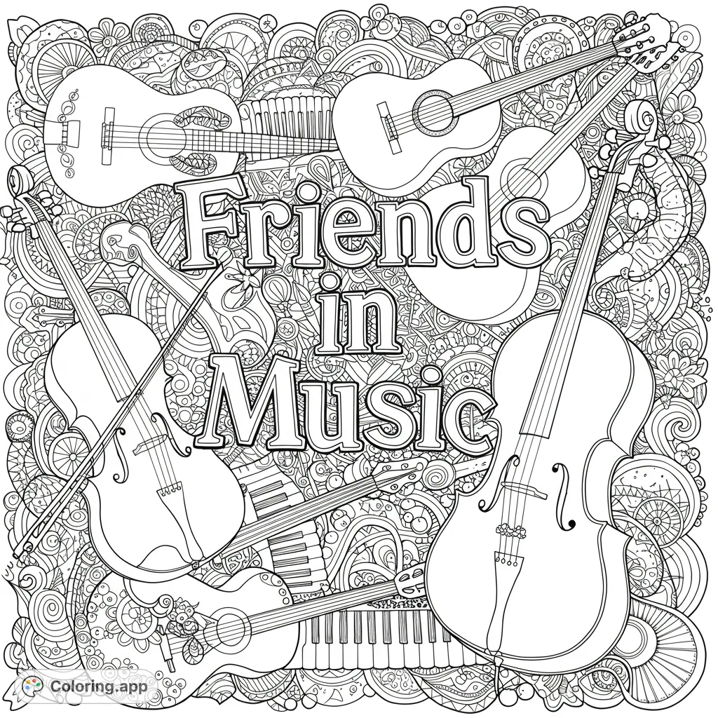 Explore a harmonious music coloring page featuring guitars, violins, and piano keys amidst intricate patterns. A free printable coloring page for all ages.