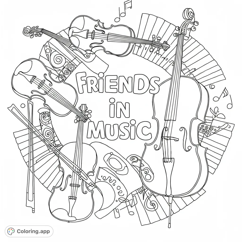 A harmonious ensemble of string instruments and musical notes, perfect for music lovers to color. A free printable musical instrument coloring page.