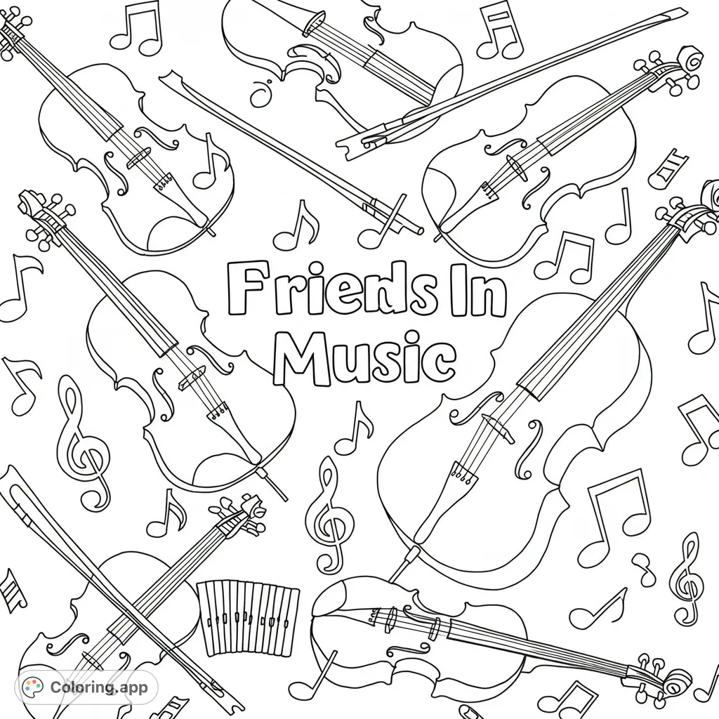 A harmonious music coloring page featuring violins, cellos, bows, and musical notes. A free printable coloring page for all ages.