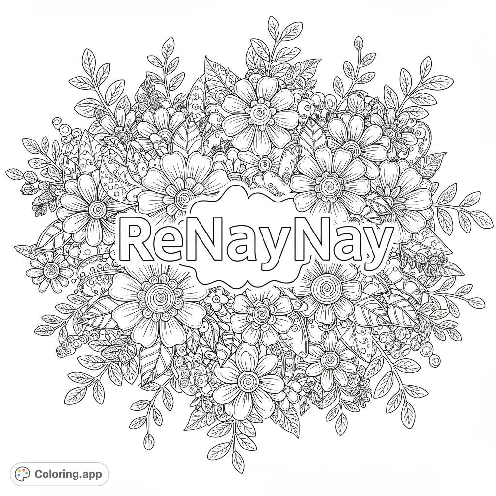 An intricate floral mandala design with various flowers and leaves surrounding a central blank frame, perfect for detailed coloring.