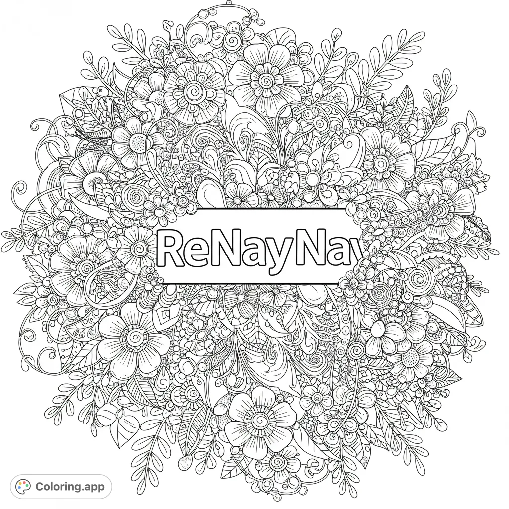 An intricate floral mandala coloring page featuring a dense array of flowers, leaves, and swirls, with a central blank banner for personalized messages.