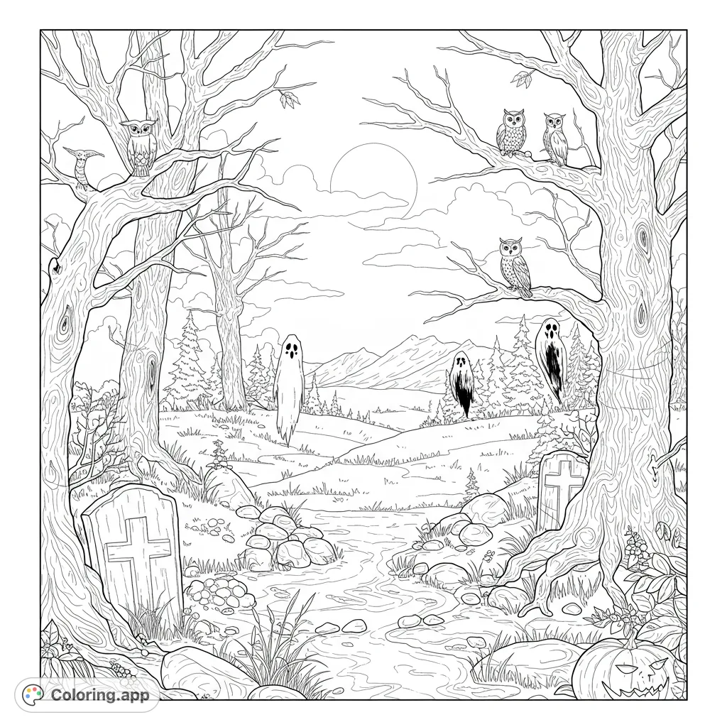 A spooky Halloween forest scene with ghosts, owls, gravestones, and a stream under a full moon. Perfect for a free printable Halloween coloring page.