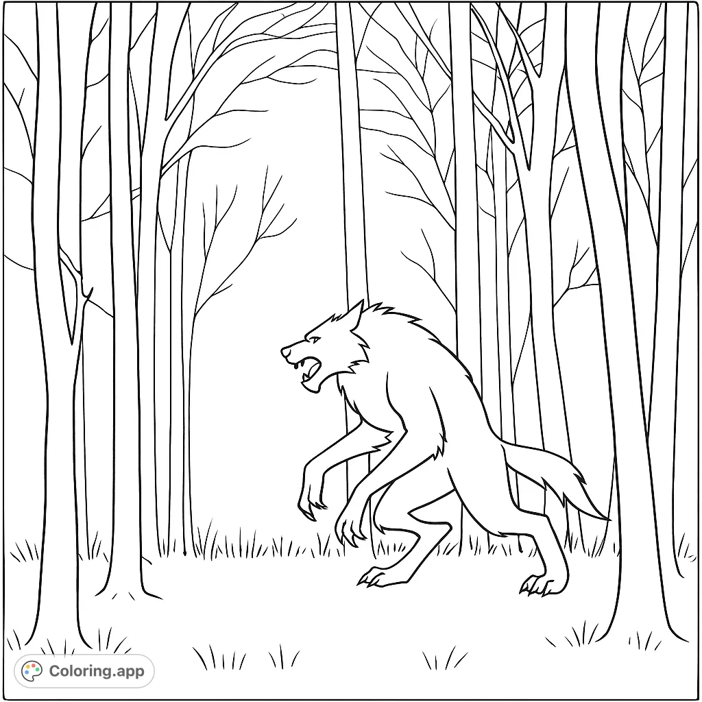 A fierce werewolf stands snarling in a dense, bare forest. A thrilling fantasy creature free printable coloring page for all ages.