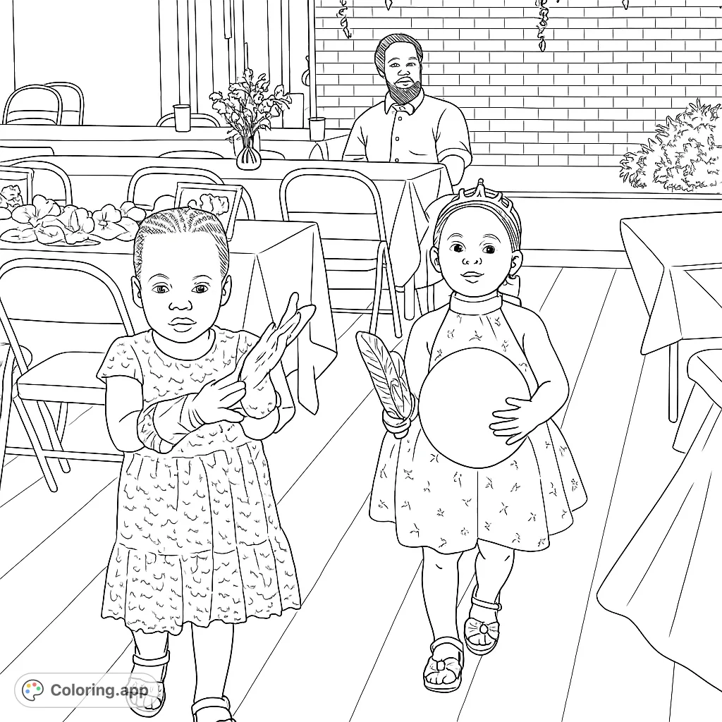 A delightful celebration scene featuring two young girls in festive attire, with a man and party decor in the background. Perfect for a free printable coloring page.