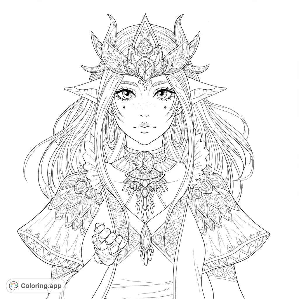 An enchanting fantasy elf queen coloring page, featuring intricate details on her crown, jewelry, and ornate attire. Perfect for fantasy art lovers.