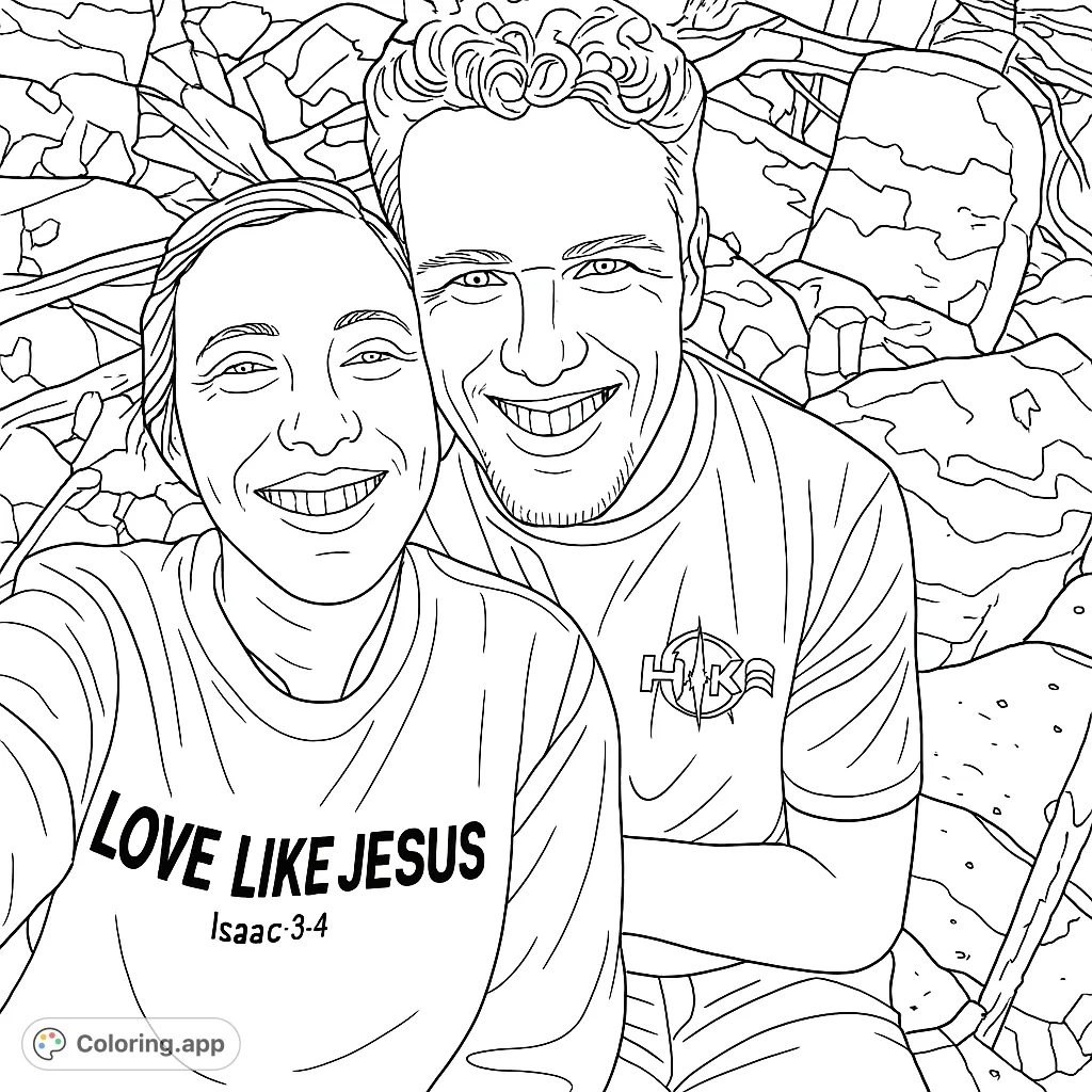 A joyful couple smiles in a detailed outdoor portrait, perfect for a relaxing coloring experience. Capture their happiness with your colors!