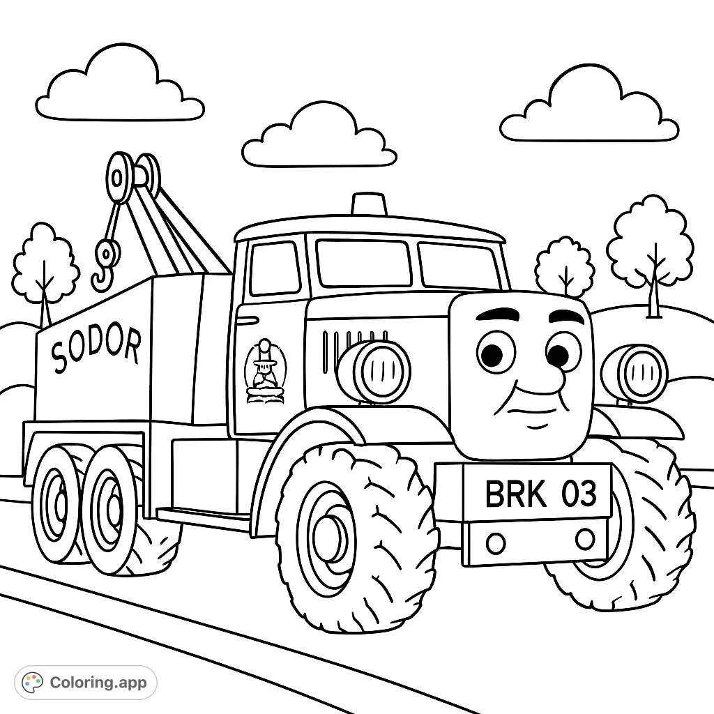A cheerful tow truck with a friendly face, ready for adventure on a winding road. Perfect for young vehicle enthusiasts.