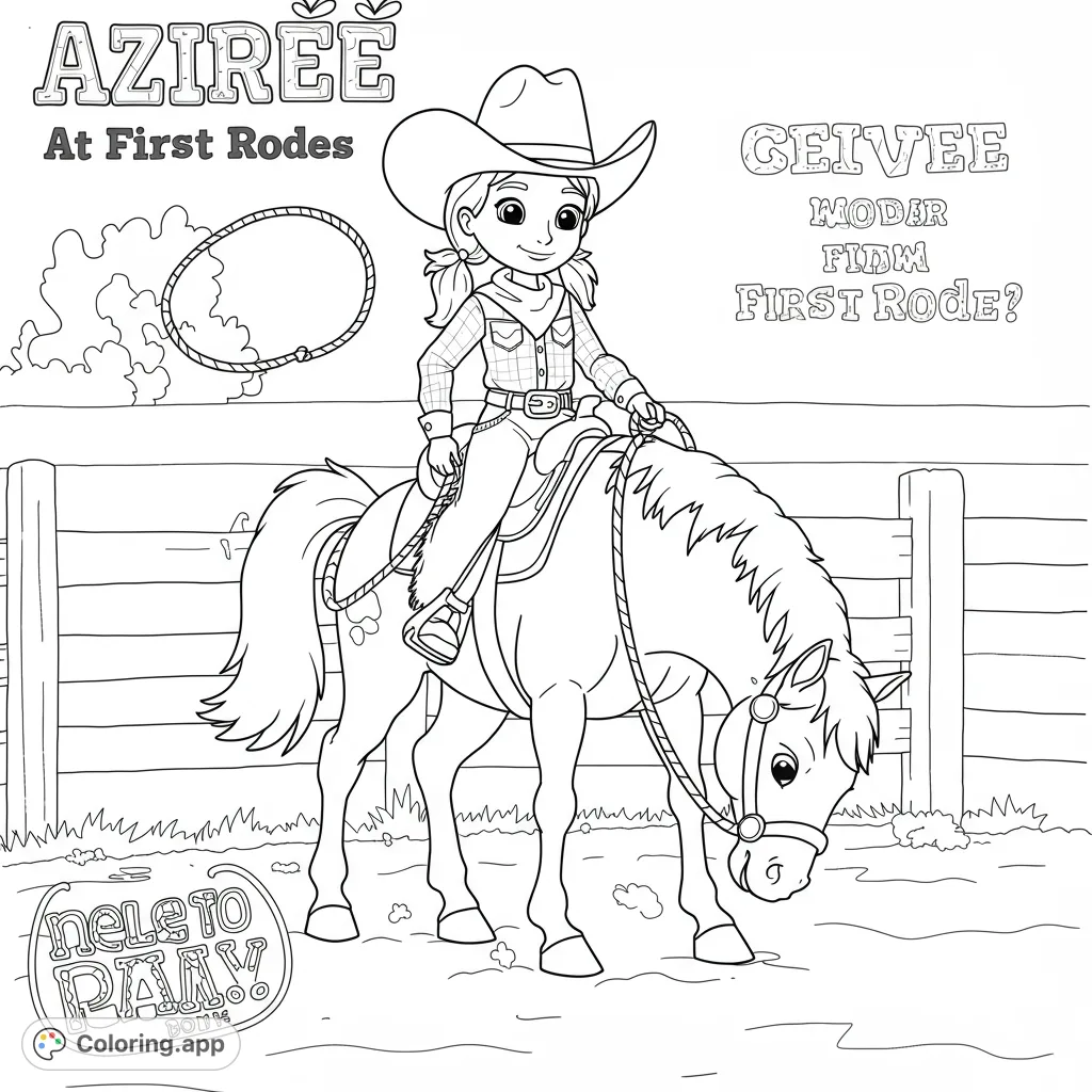 A cheerful cowgirl on her horse, ready for adventure, with a lasso and fence in the background. Perfect for young rodeo fans.