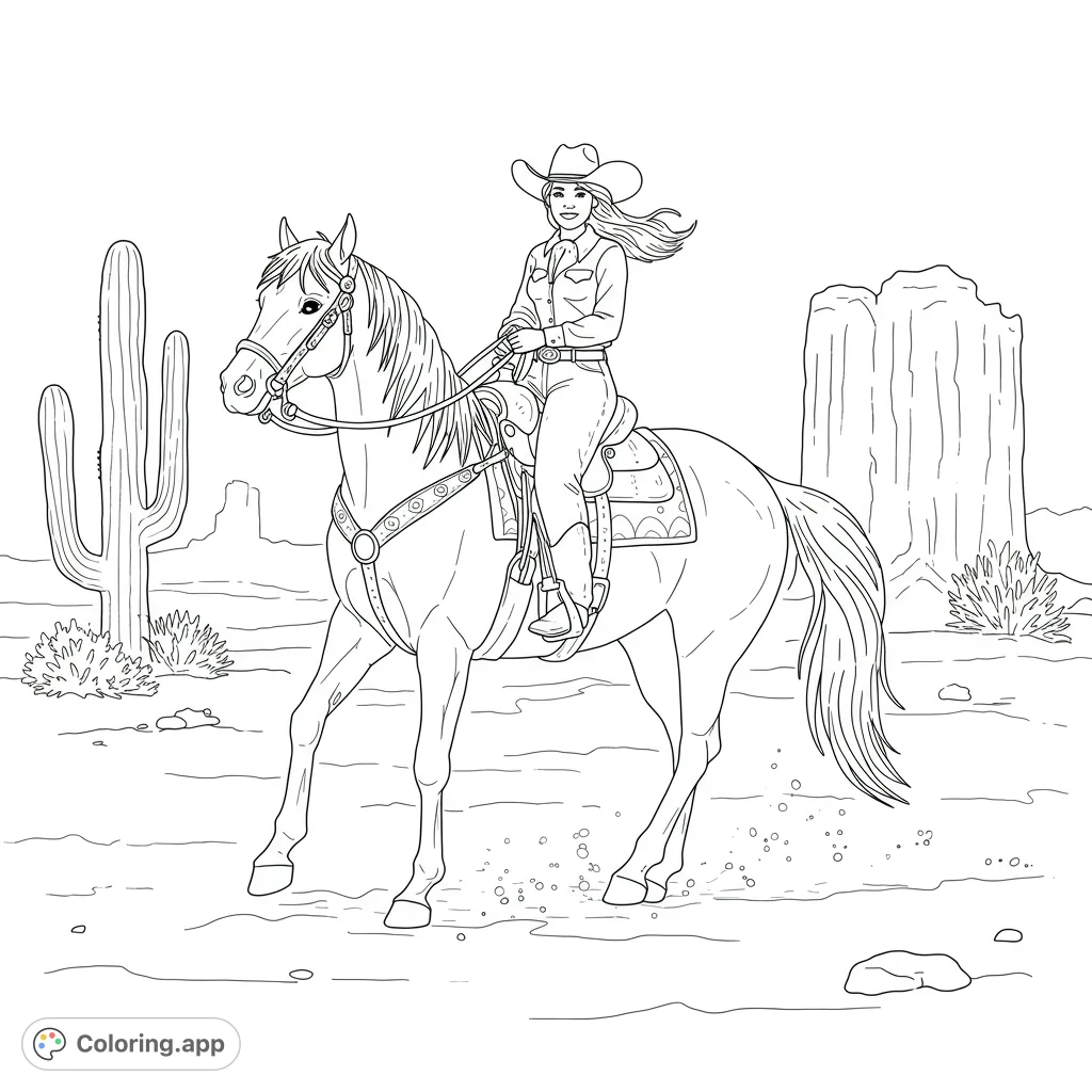 A spirited cowgirl on horseback explores a vast desert, featuring a saguaro cactus and rock formations. Perfect for Western adventure fans!