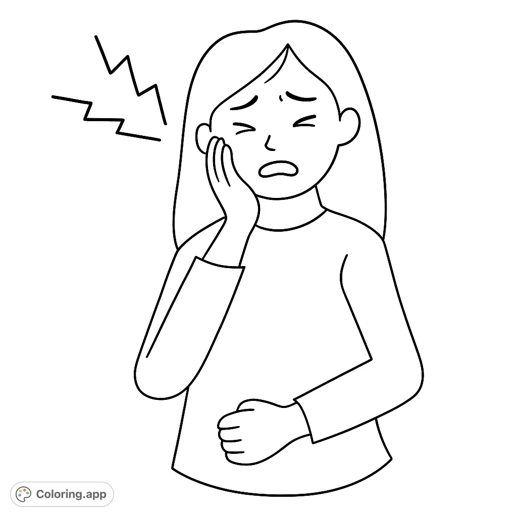 A relatable toothache coloring page featuring a woman holding her cheek in discomfort, perfect for discussing health and empathy. Free printable coloring page.