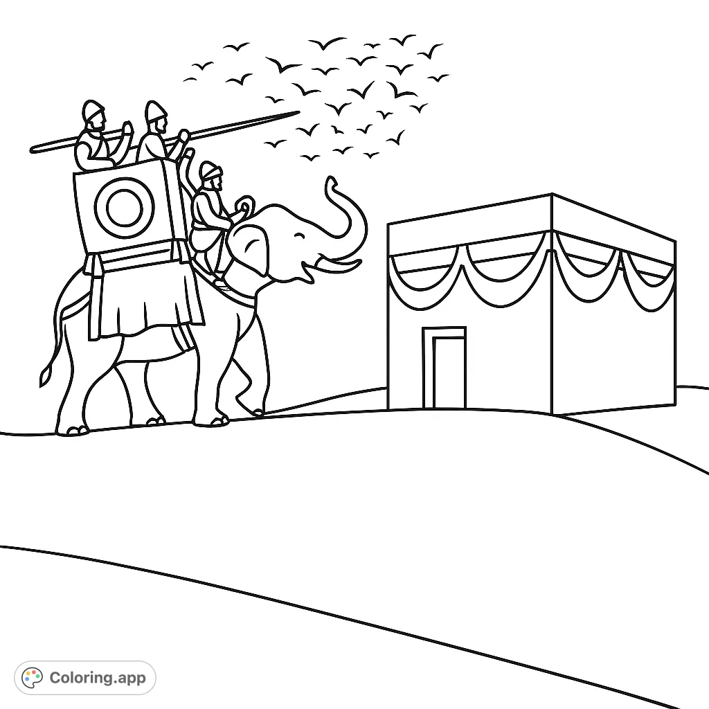 An ancient journey scene featuring an elephant with riders approaching a sacred building, with birds flying overhead. A free printable historical coloring page.