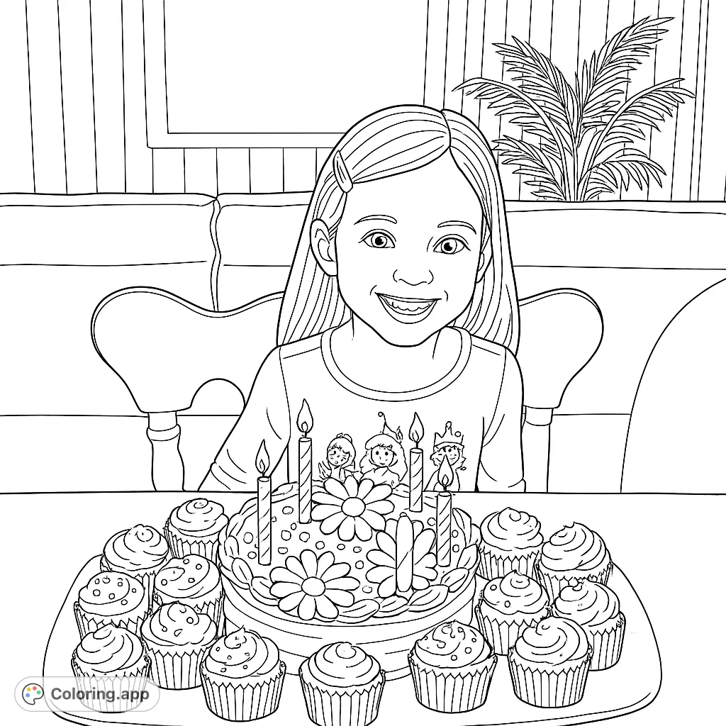Celebrate with this delightful birthday girl coloring page! Features a smiling child, a festive cake with candles, and many sweet cupcakes.