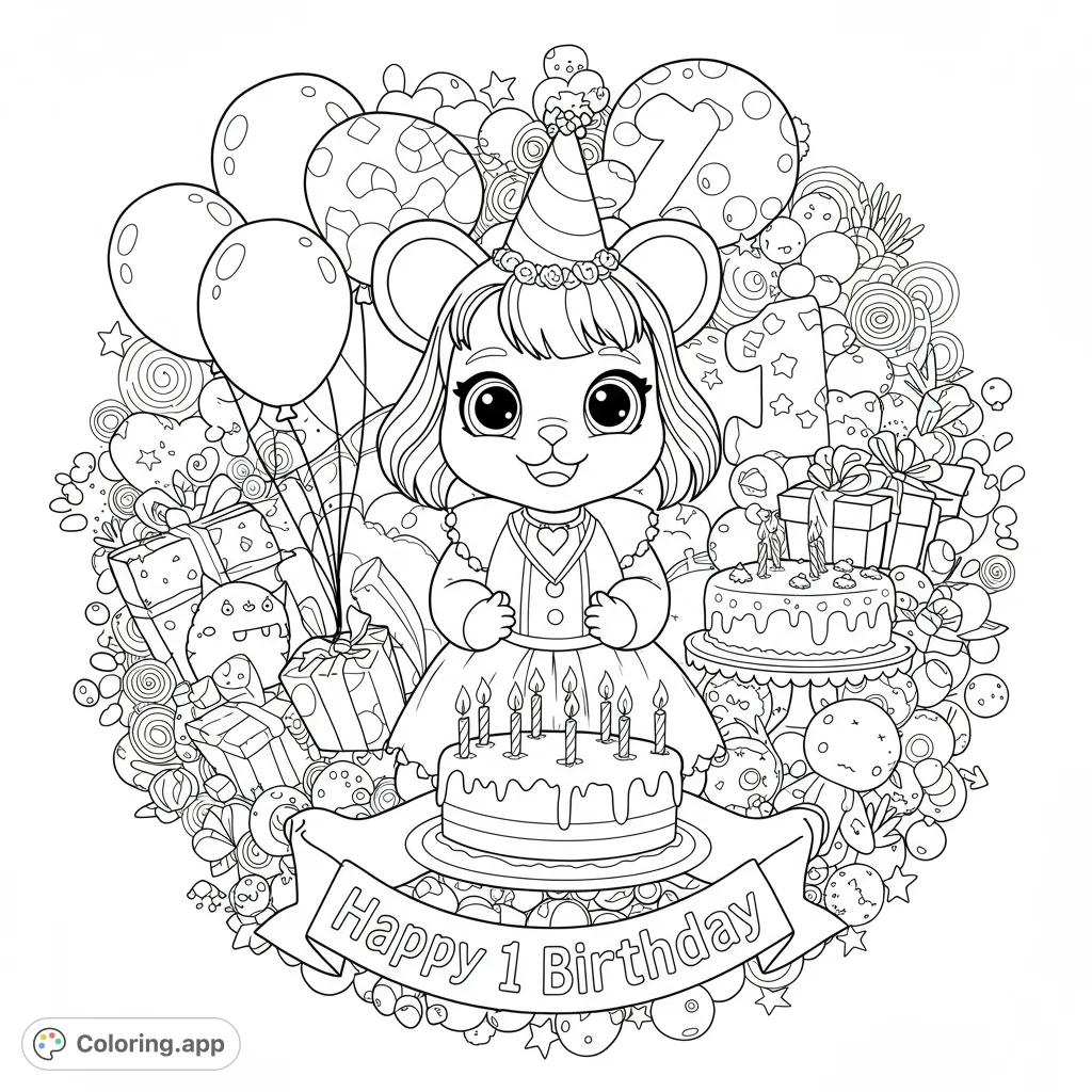 Adorable mouse celebrates its first birthday amidst balloons, gifts, and cakes. A delightful, intricate party scene for all ages.