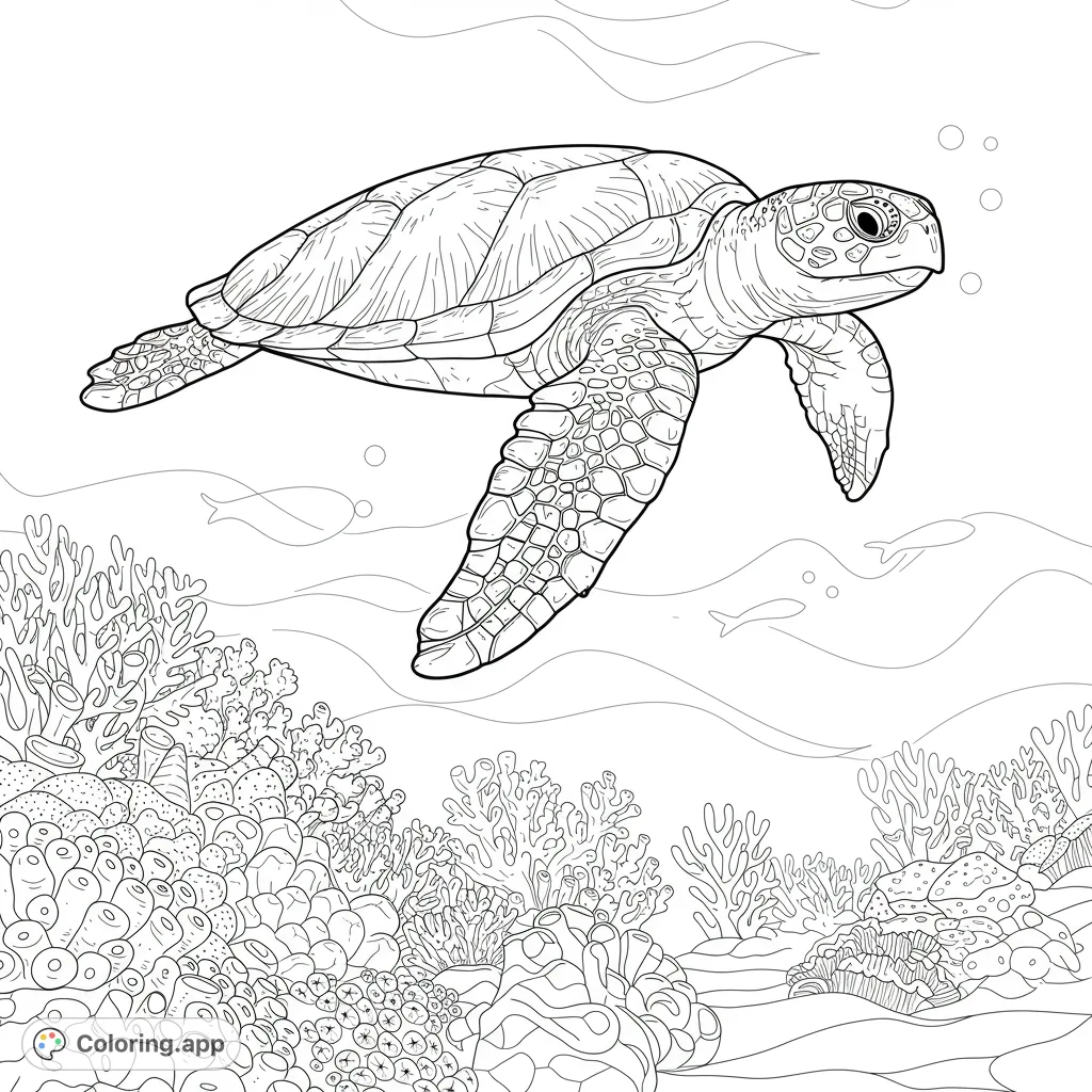 Dive into an enchanting ocean scene featuring a majestic sea turtle gracefully swimming above a vibrant coral reef. A free printable ocean life coloring page.