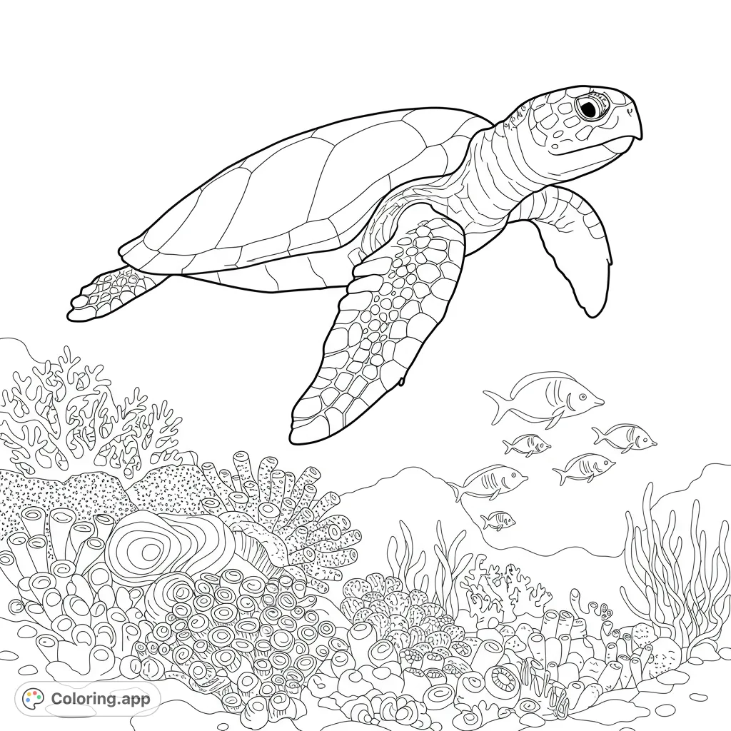 Dive into an ocean adventure! A majestic sea turtle swims gracefully above a vibrant coral reef, surrounded by playful fish. Perfect for all ages.