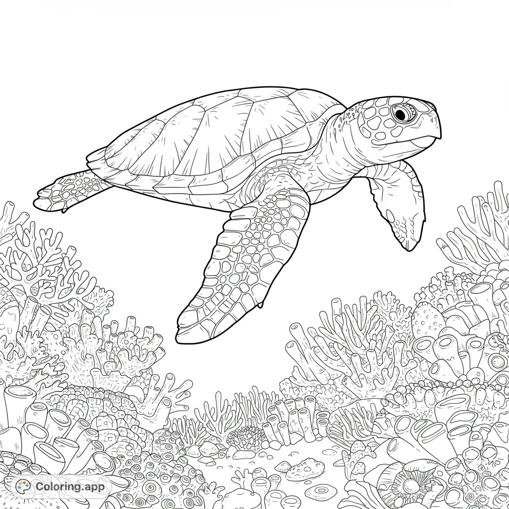 A majestic sea turtle glides over a vibrant coral reef, ready for a splash of color. Perfect for ocean lovers and marine life enthusiasts!