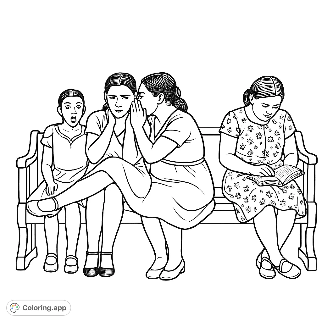 A captivating social interaction coloring page featuring a whispering trio and a serene reader on a bench. Free printable coloring page for all ages.