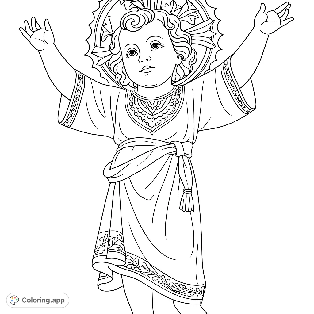 A serene sacred infant with a detailed halo and ornate robe, arms outstretched. A beautiful religious coloring page for reflection.