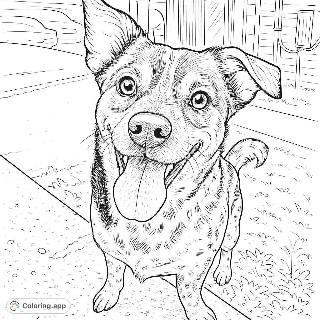 A joyful dog with a happy smile and wagging tail, ready for a fun coloring adventure. This free printable coloring page is perfect for dog lovers!