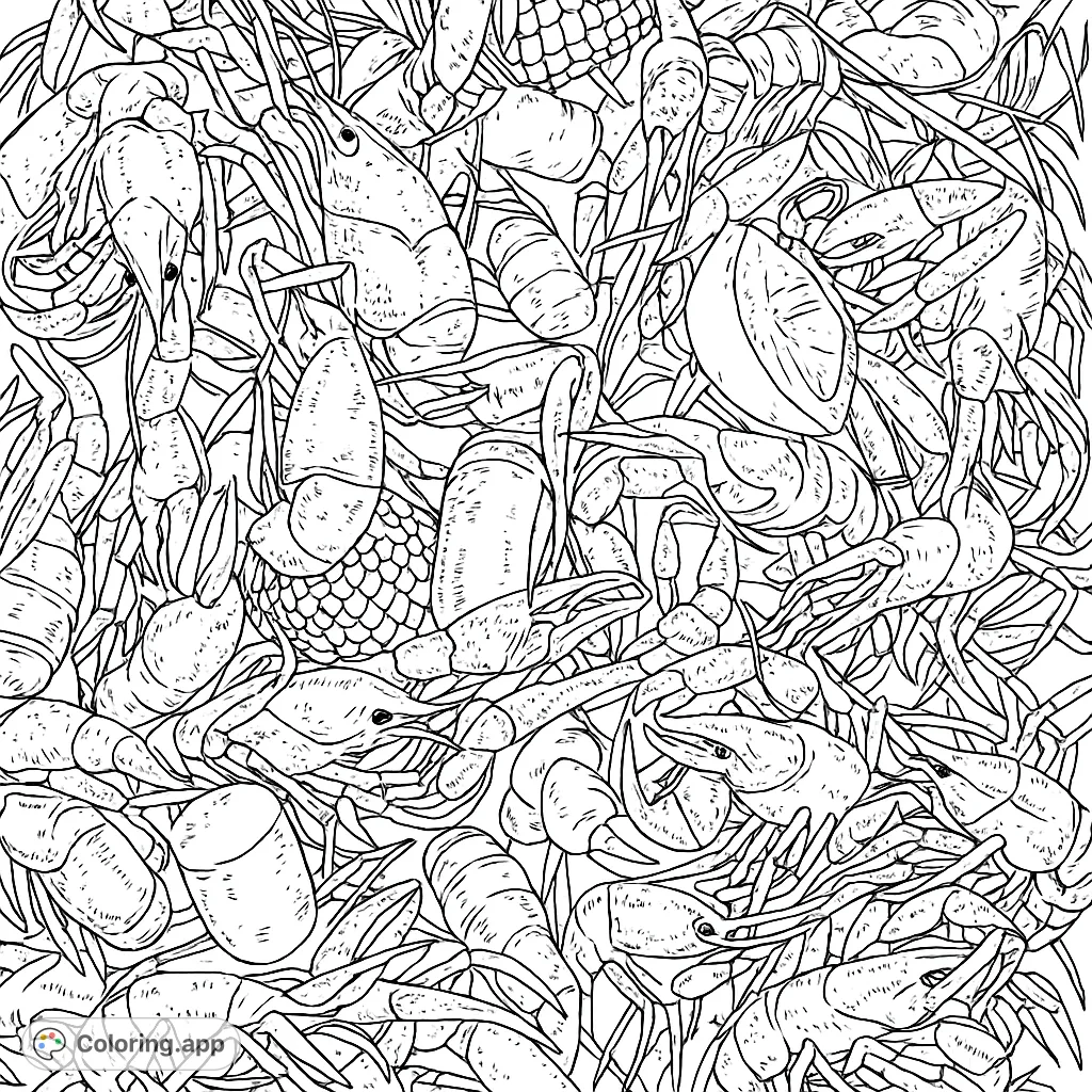 Dive into a detailed crawfish boil coloring page! Features a dense pile of crawfish, corn, and lemons, perfect for a vibrant, festive coloring experience.