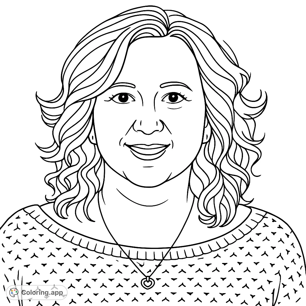A warm portrait of a smiling woman with wavy hair and a textured sweater, featuring a heart pendant. Perfect for personalizing.