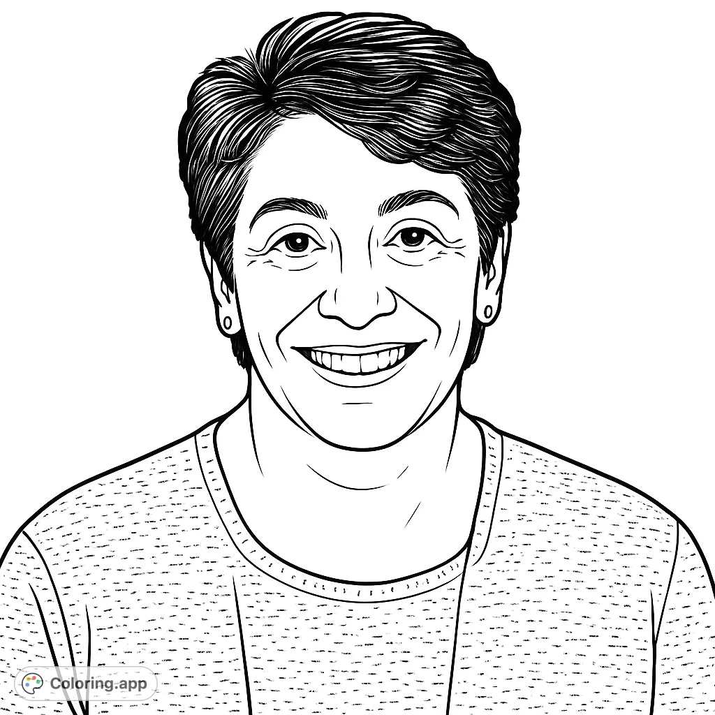 A friendly woman's portrait, perfect for personalizing with your favorite colors. Features a warm smile and textured clothing, offering a realistic coloring experience.