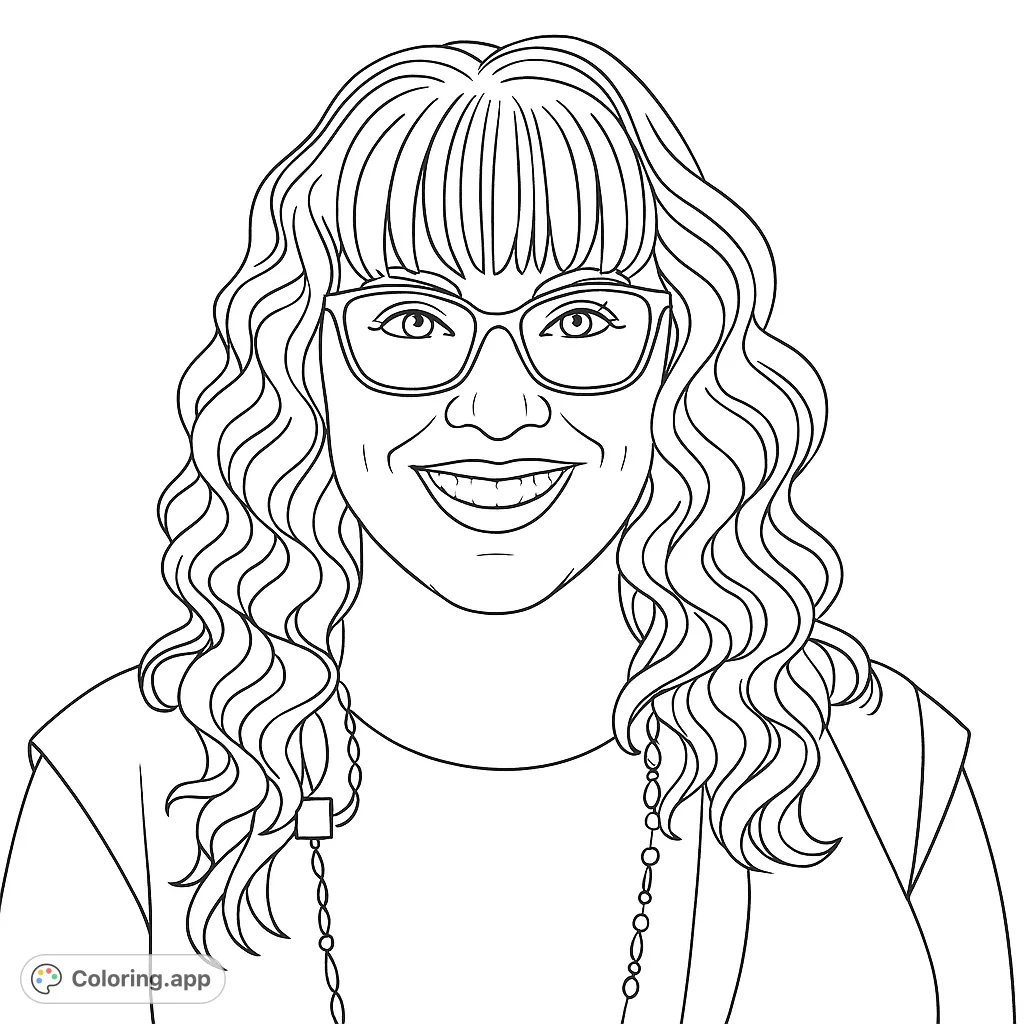 A delightful portrait of a smiling woman with wavy hair and glasses, perfect for a personalized coloring experience. A free printable coloring page for all ages.