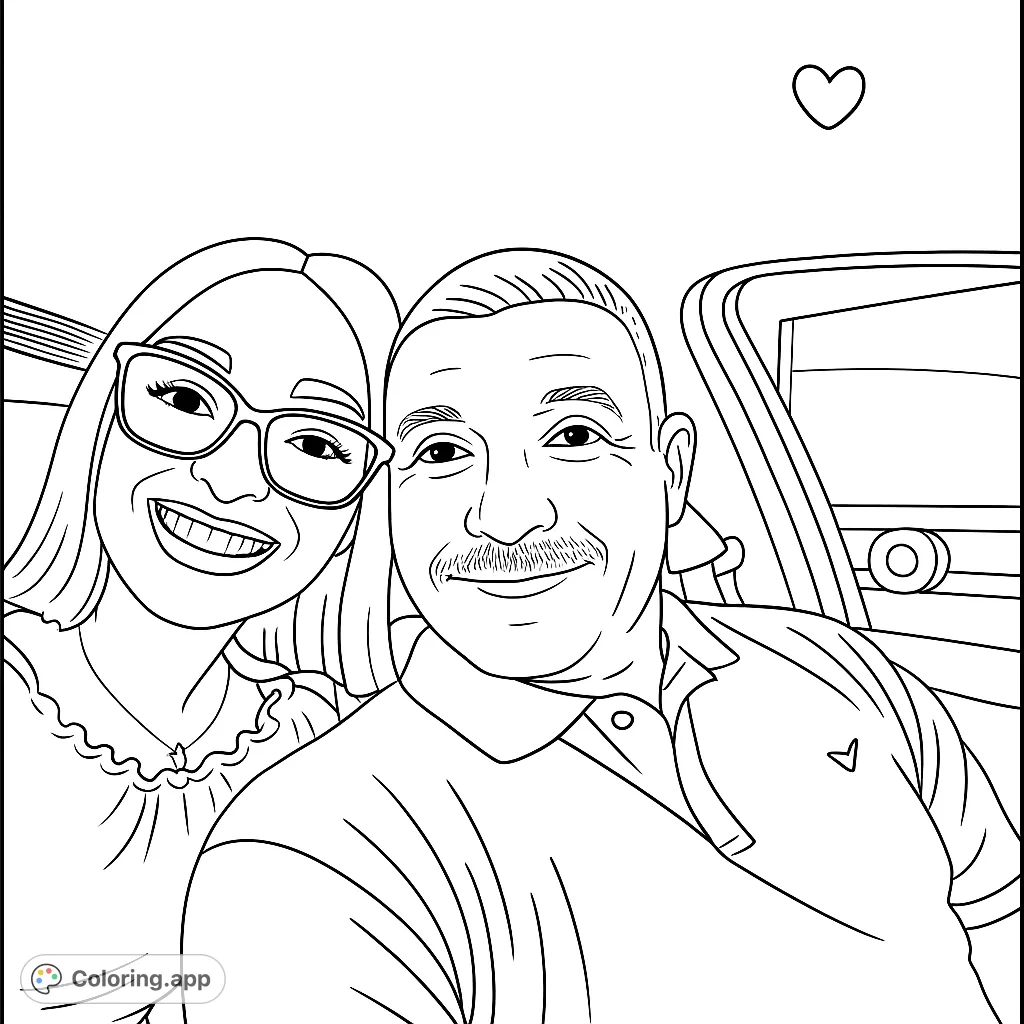 Capture joy with this free printable couple selfie coloring page! Features a smiling man and woman in a car, perfect for all ages.