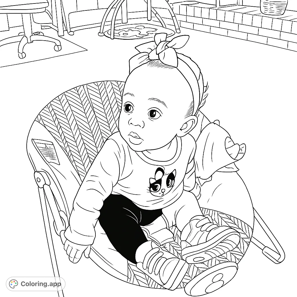 An adorable baby in a bouncer chair, featuring a cute panda shirt and patterned fabric. A delightful baby coloring page, free printable for kids and adults.