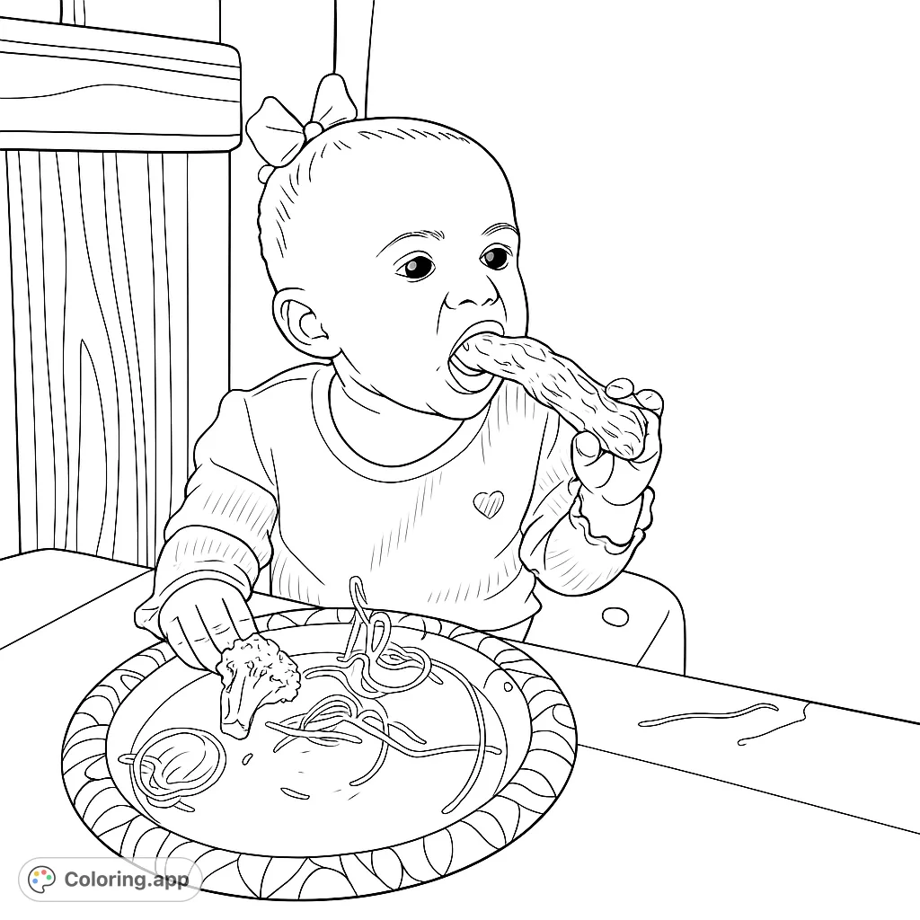 A delightful baby in a high chair, happily eating a drumstick and reaching for broccoli. A charming free printable baby eating coloring page.