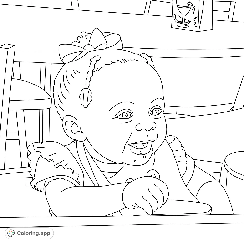 A delightful baby coloring page featuring a happy infant in a high chair, perfect for free printable coloring page fun and creative expression.